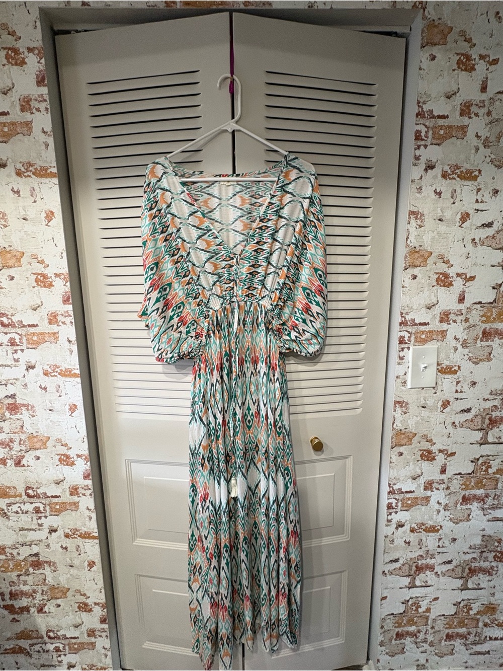 Cost Plus World Market Teal Coral and White Patterned Maxi Dress